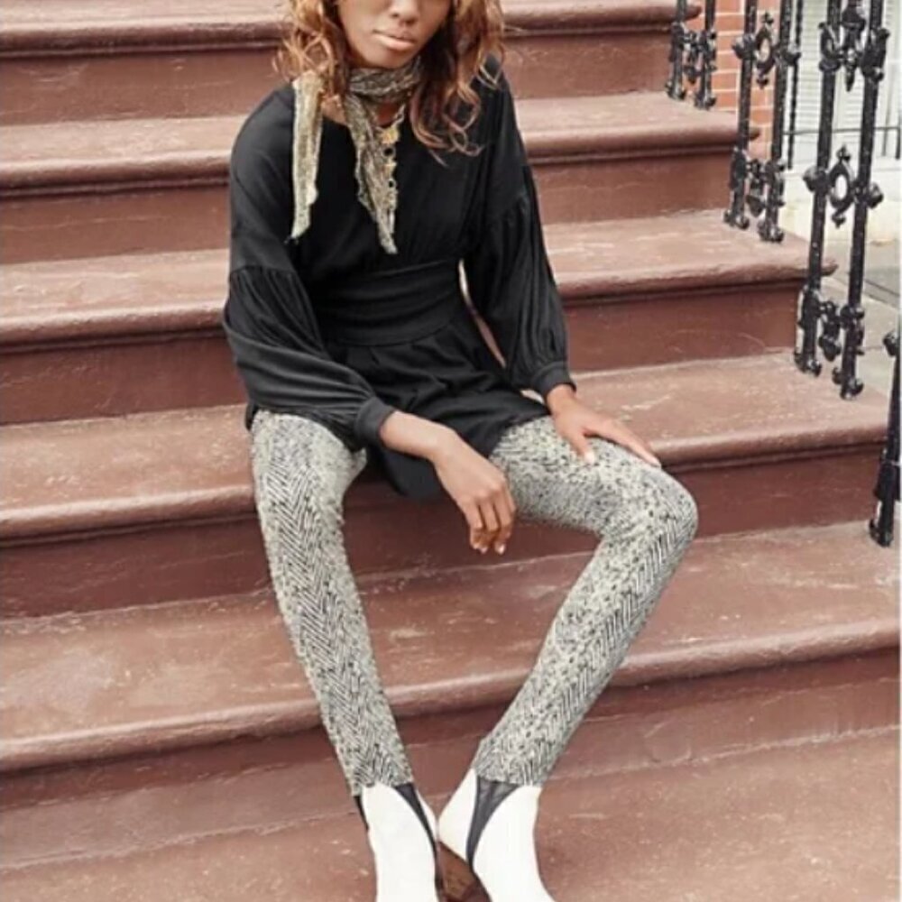 Free People Primal Print Stirrup Leggings Size Medium Nude Black Stretch